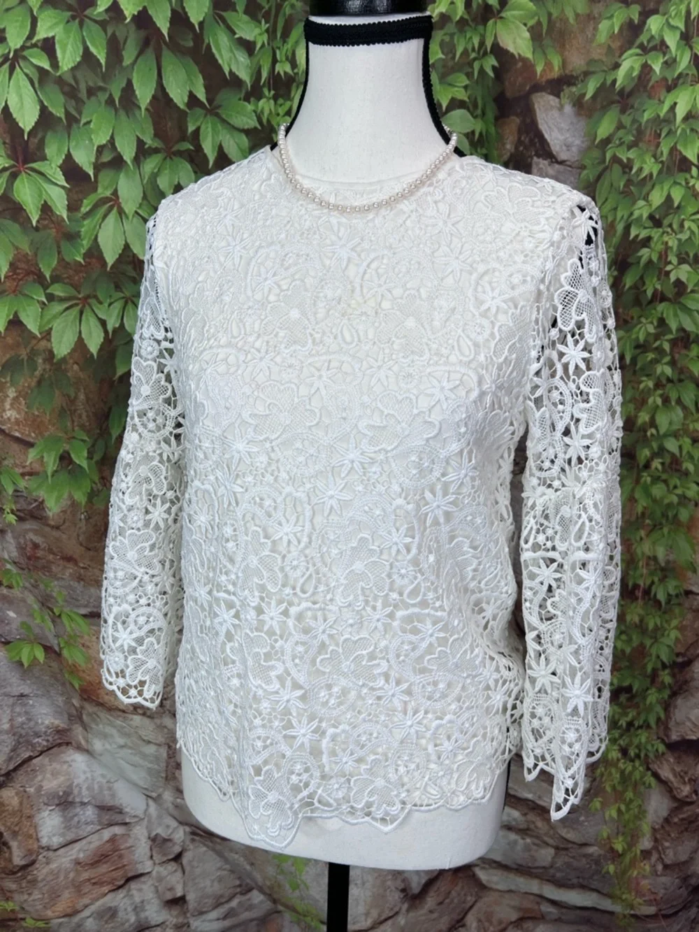 NWT ZARA Cottagecore Crewneck White Lace Bell Sleeve Blouse, XS